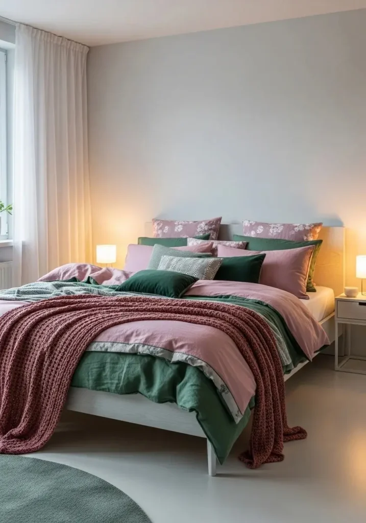 pink and green layered bedding bedroom decor