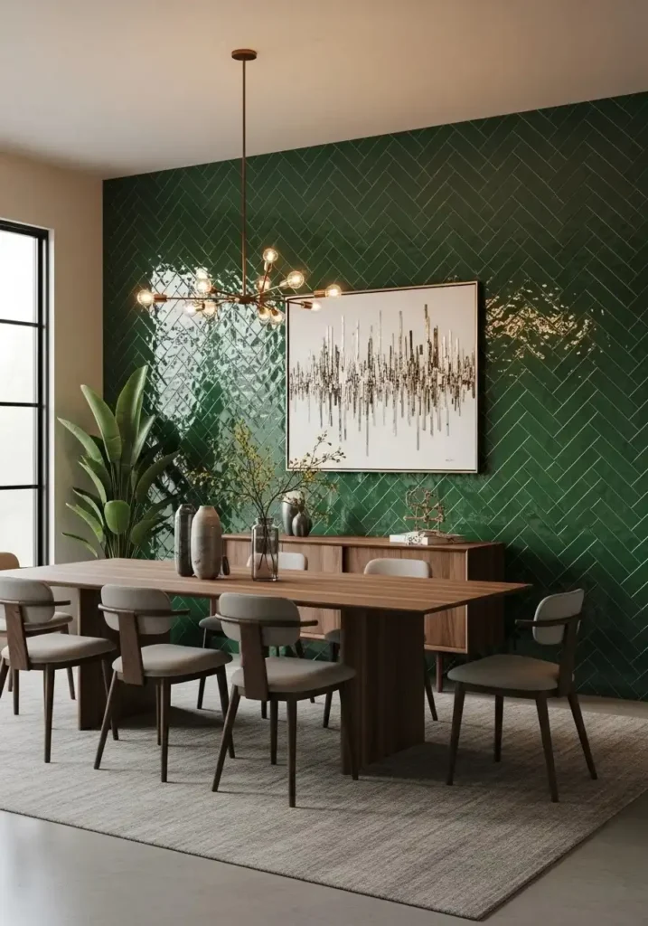 dining room with green tile accent wall