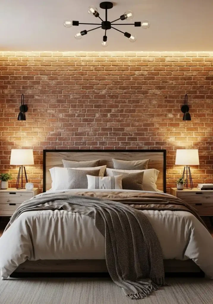 Brick accent wall adding character to a bedroom.