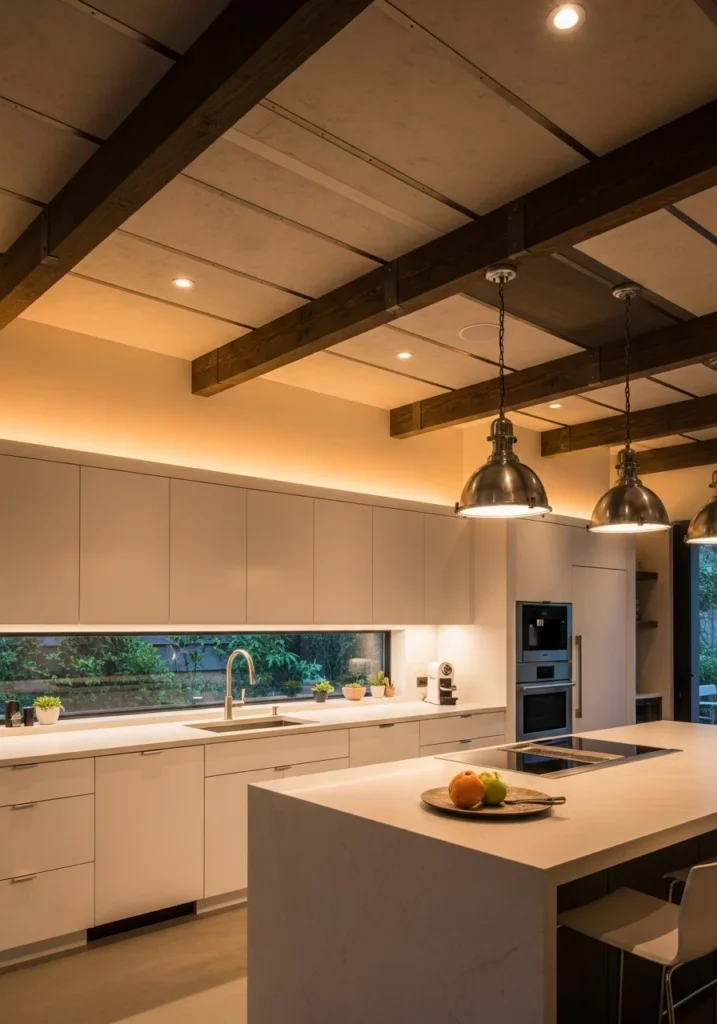 Mixed material kitchen ceiling combining wood, plaster, and metal for unique style