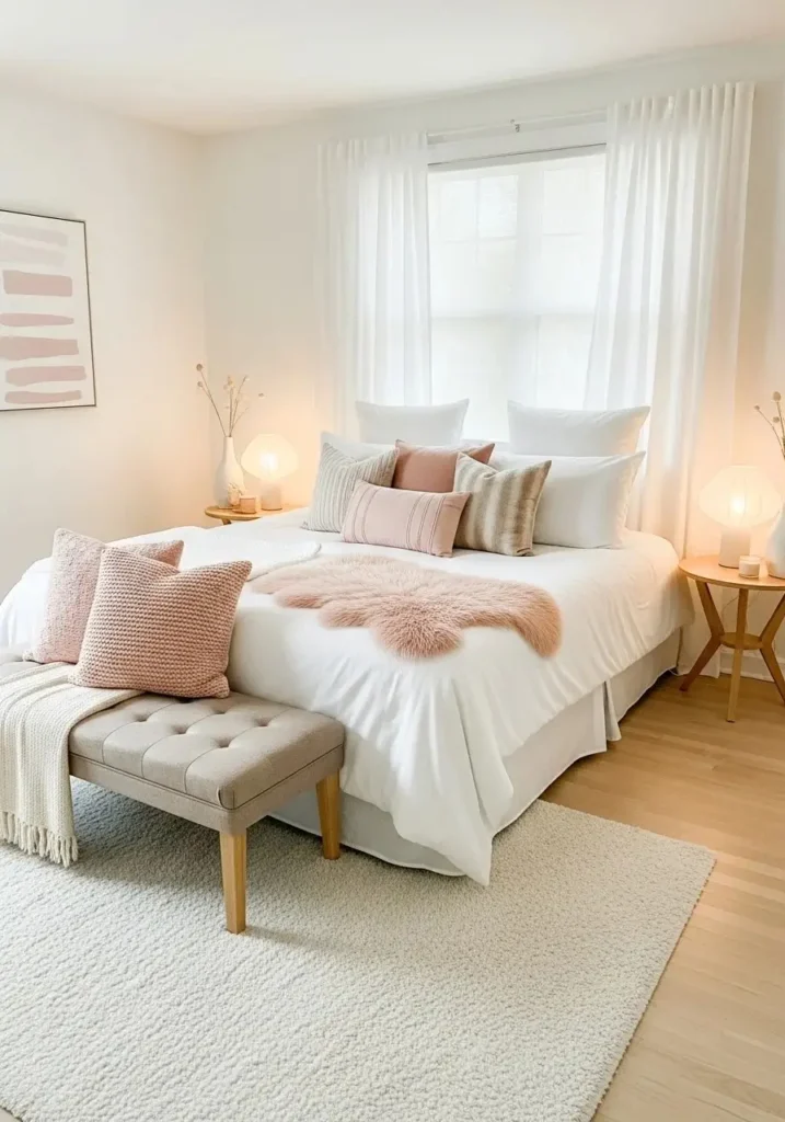 White bedroom with subtle blush and beige accents.