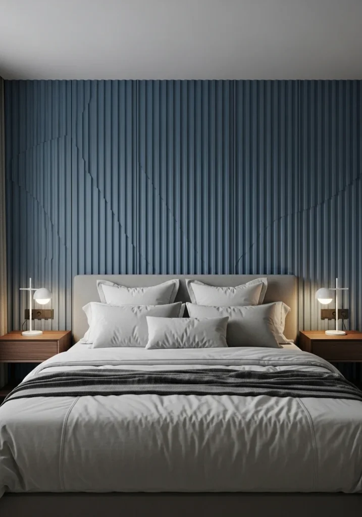 Textured blue accent wall panels adding depth and modern style to bedroom design
