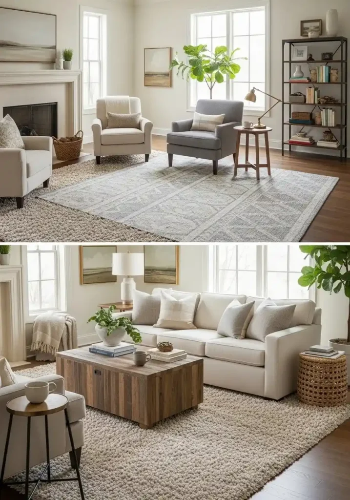area rugs dividing living room into zones