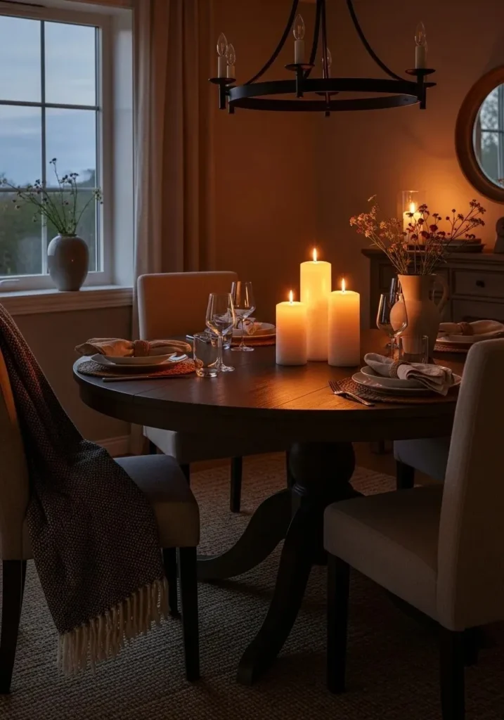 round dining table with candle arrangement ambiance