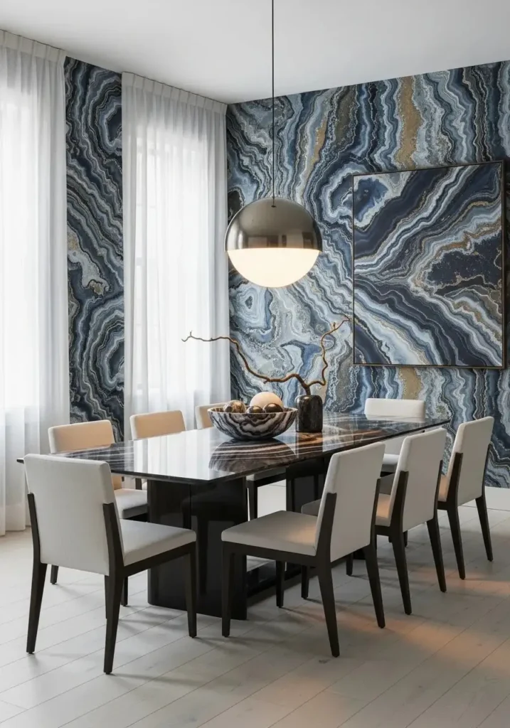 dining room with geode-inspired wallpaper