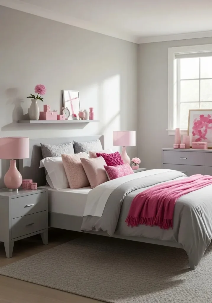 Gray bedroom furniture with pink accents including pillows and lamps.