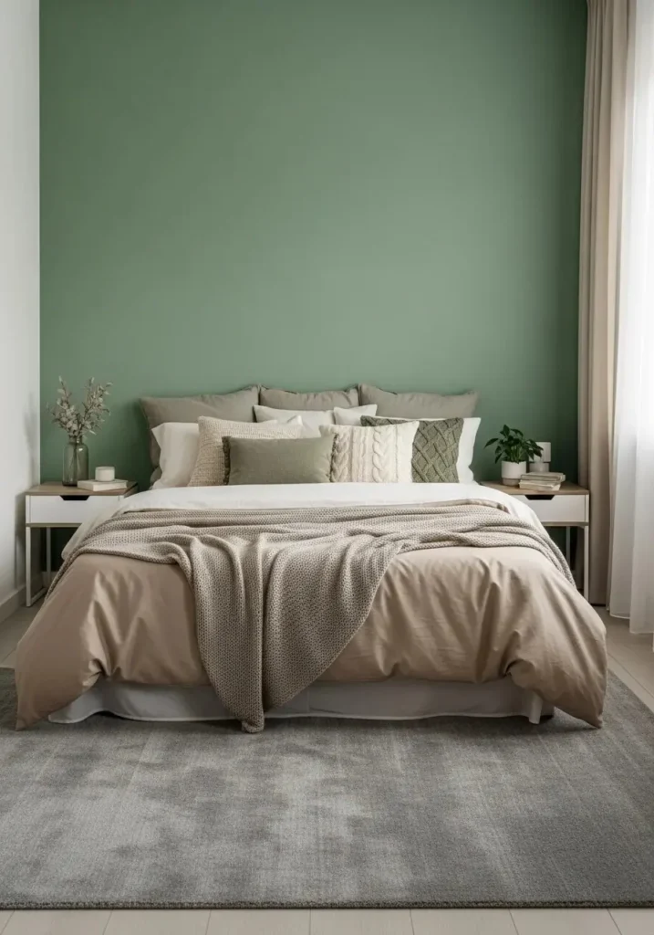 Green accent wall with layered neutral bedding creating balanced and calming bedroom design.