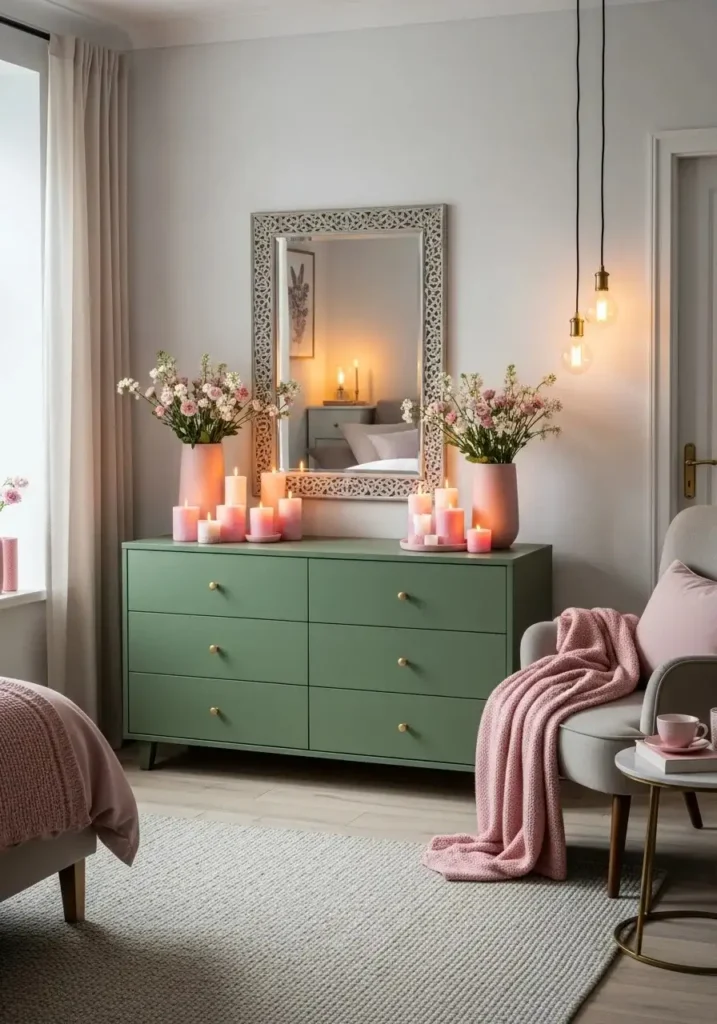 green dresser with pink decor bedroom styling