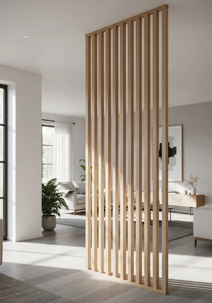 wood slat divider in modern living room