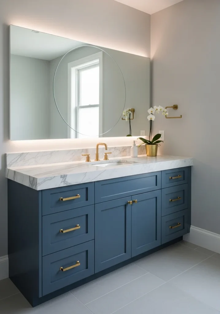 Bold blue vanity in modern bathroom with brass hardware.