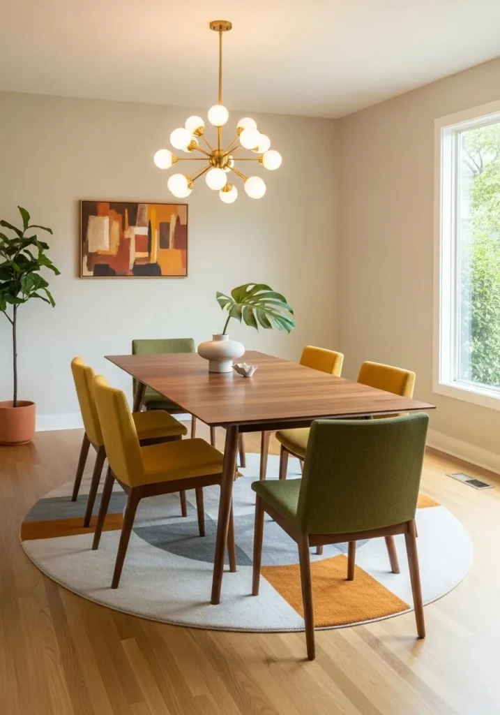 Mid century dining room with mustard and olive accent colors
