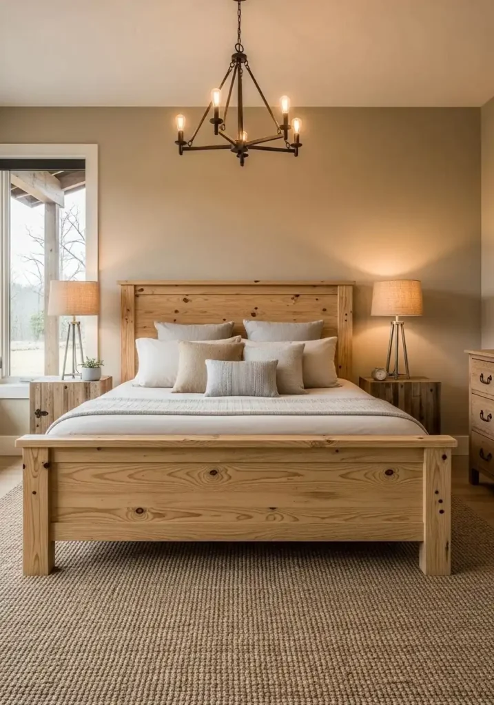 Layered rugs in a cabin bedroom add warmth, texture, and visual depth to wooden floors.
