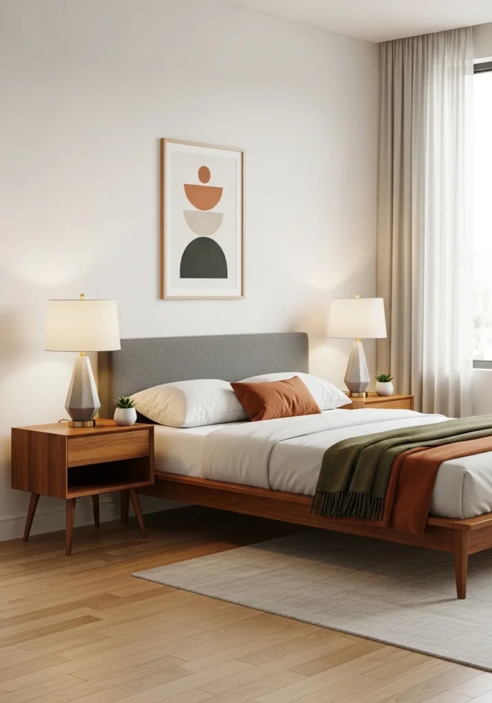 mid century bedroom with slim tapered leg nightstands