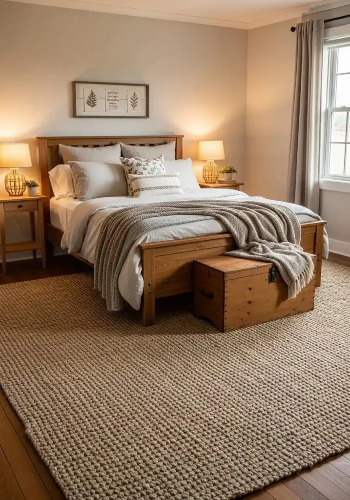 rustic bedroom with woven rug