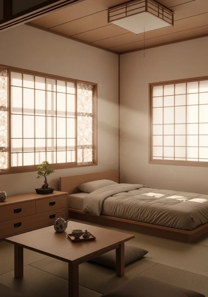 Shoji screens in a Japanese bedroom softly filtering sunlight