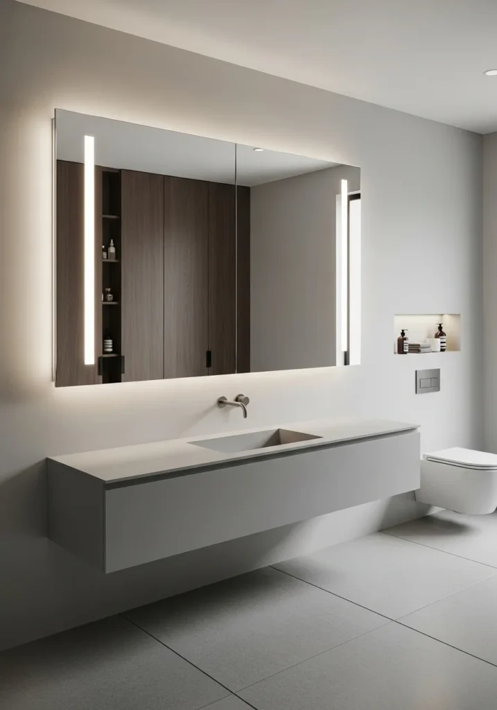 Mirrored medicine cabinet with hidden storage in bathroom.