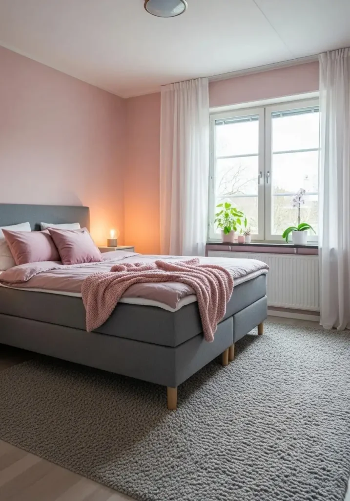 Pink and gray bedroom with blush walls, gray bed, and soft pink accents.