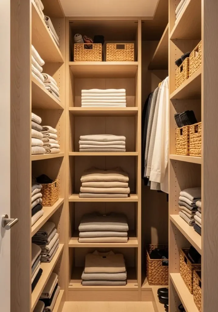 Small closet with vertical shelves and organized baskets