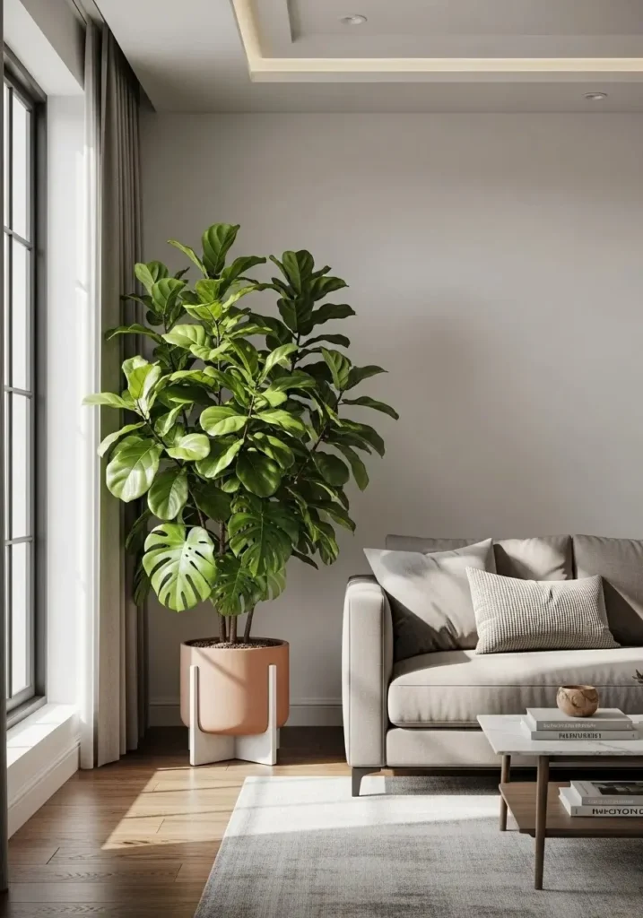 Potted indoor plant adding natural softness to contemporary living room.