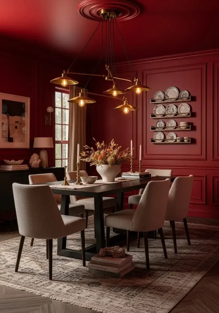 color drenched red dining room