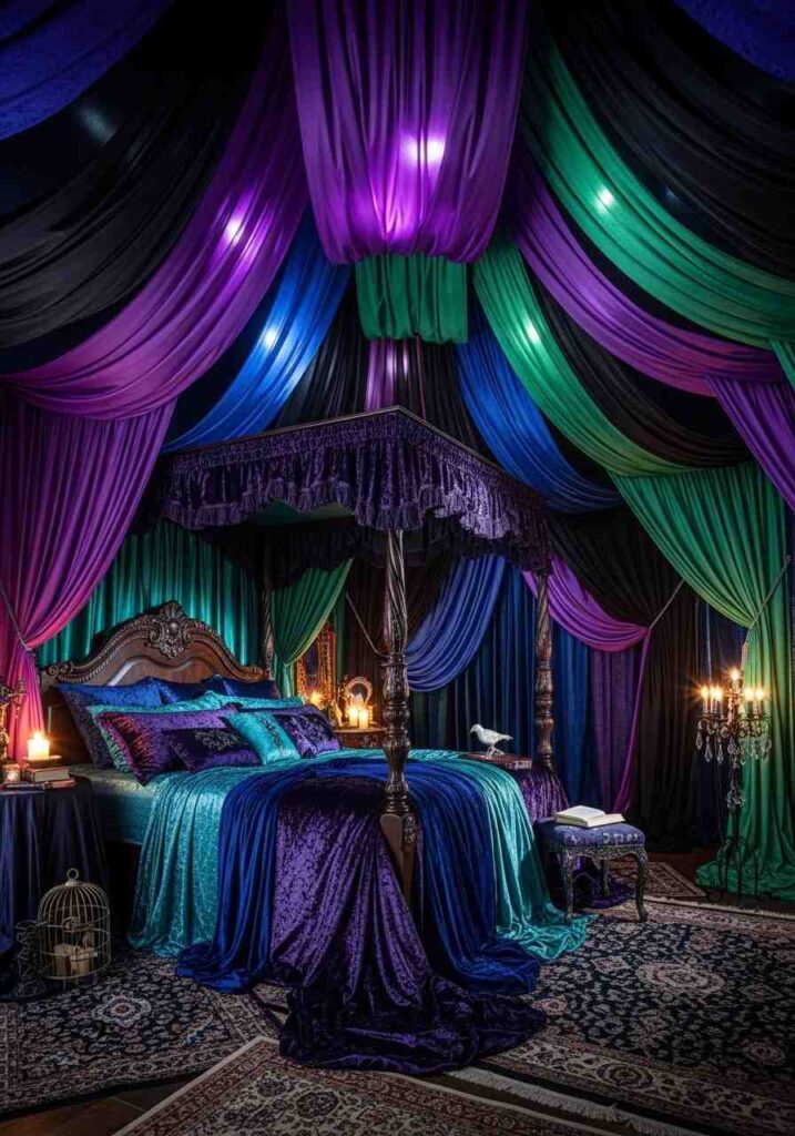 Dark flowing ceiling and wall drapery creating a theatrical whimsigoth bedroom look.