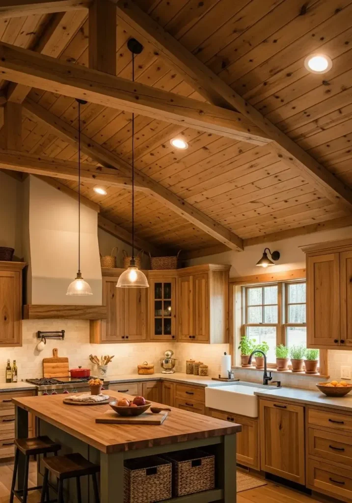 warm wood vaulted ceiling kitchen design