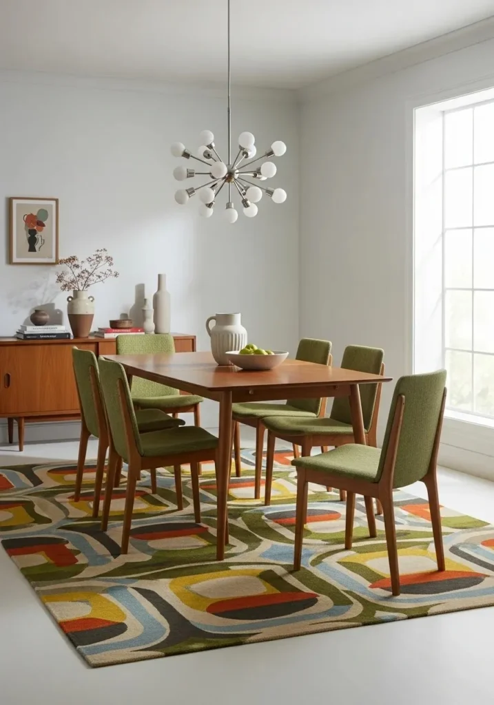 Mid century dining room with subtle geometric patterns in decor