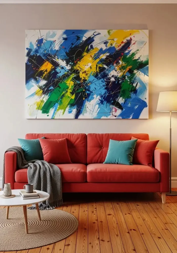 Red sofa with bold artwork.