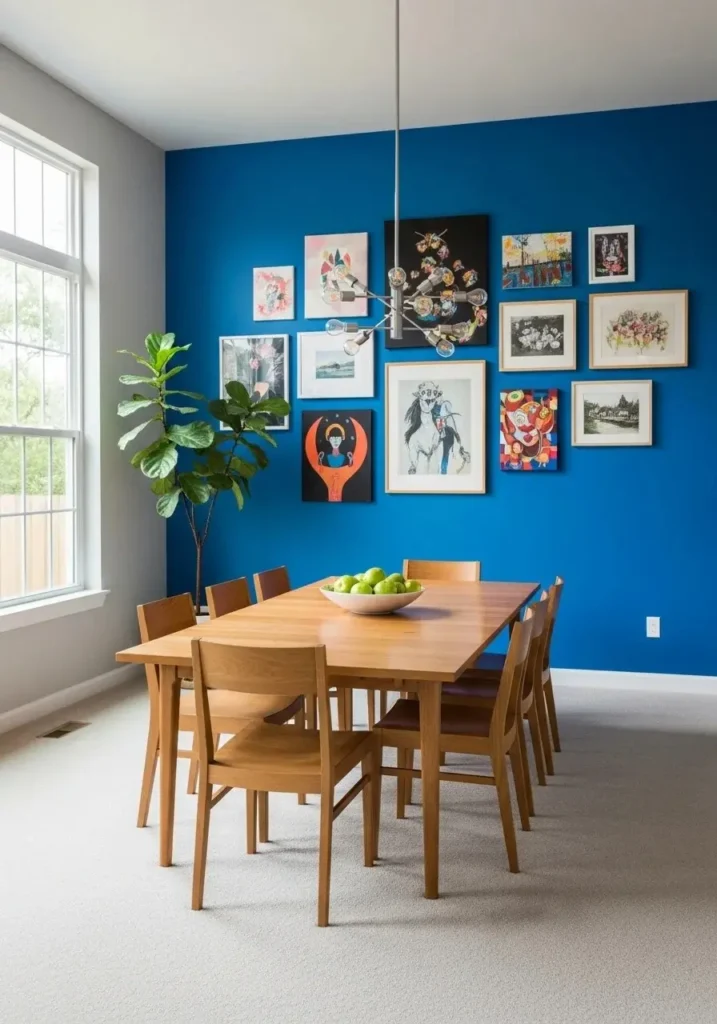 Dining room featuring a blue accent wall with artwork and neutral furniture, adding visual focus and personality.