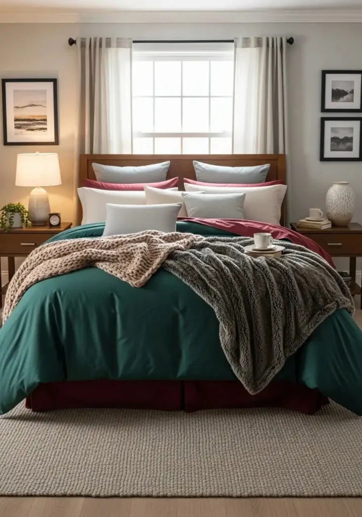 Earthy-toned moody bedding in a cozy boho bedroom.