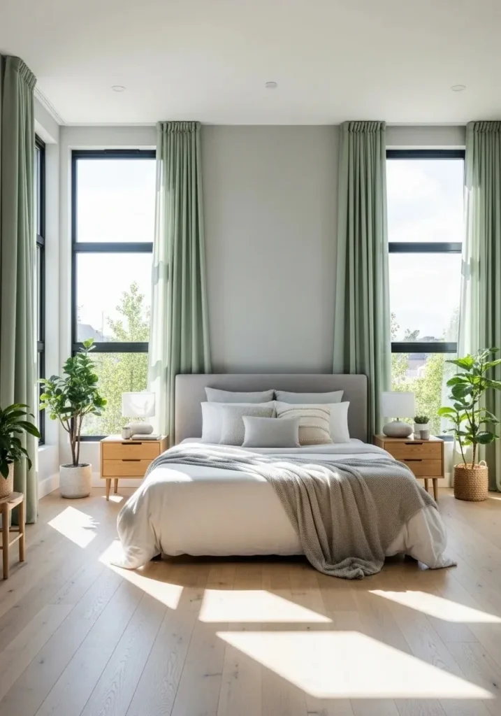 Layered green curtains with black frames balance softness and structure in a bedroom.