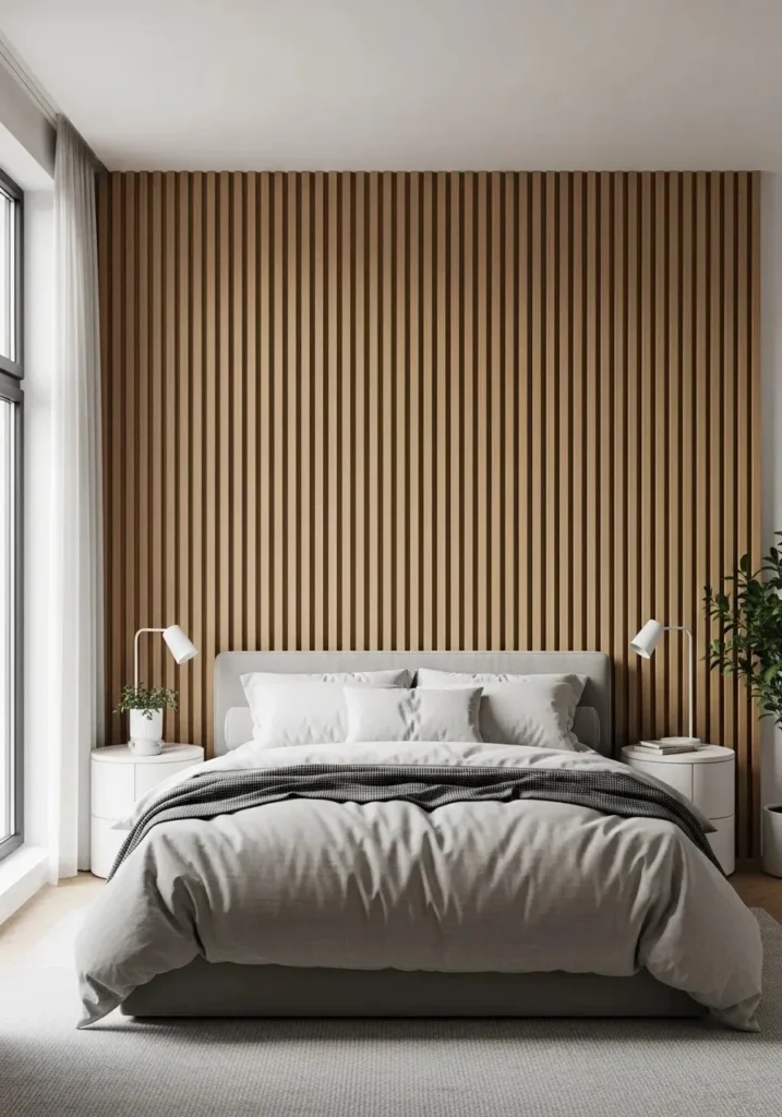 Vertical slat wood accent wall adding height and texture.