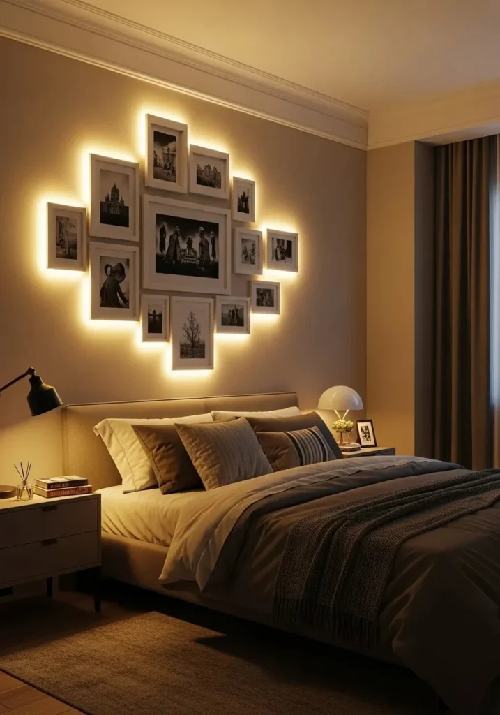 College bedroom photo wall with LED strip lighting creating a glowing effect.