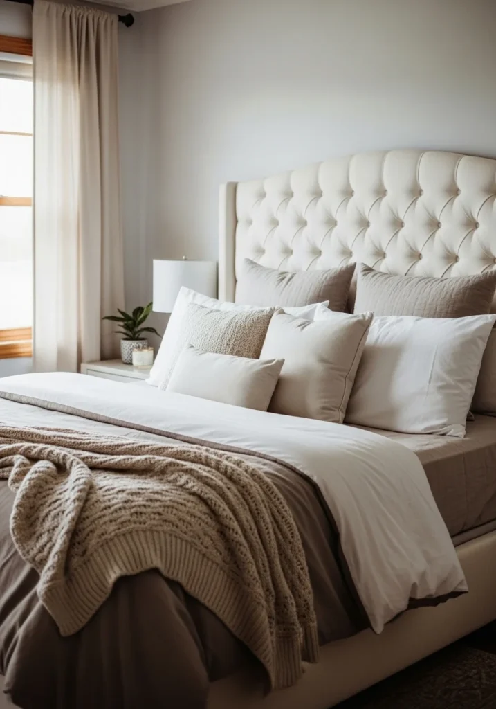 White statement headboard with textured bedding.