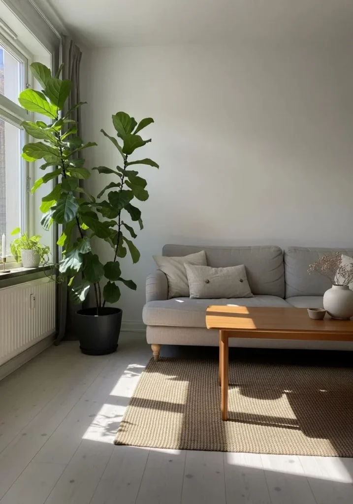Scandinavian living room styled with indoor plants.