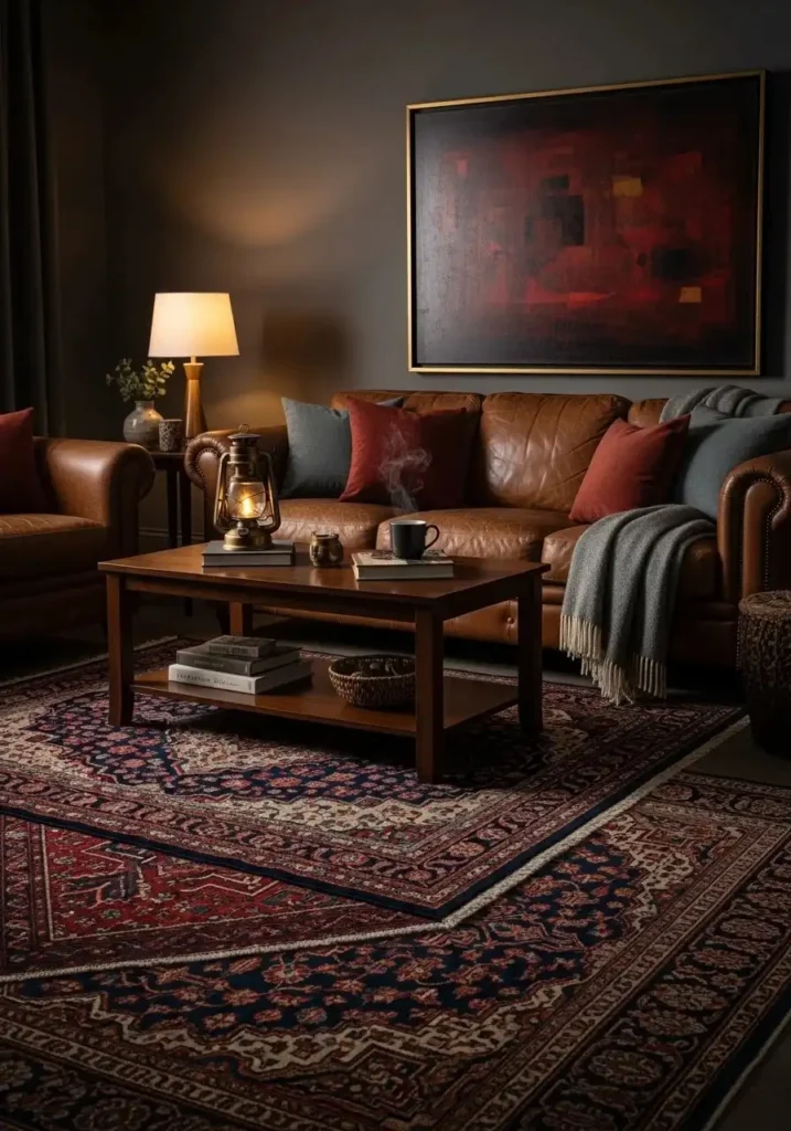 Layered Persian rugs under furniture in a cozy dark academia living room.