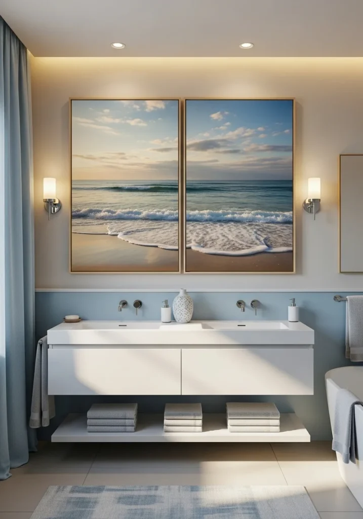 Ocean-inspired artwork creating a calming coastal bathroom vibe