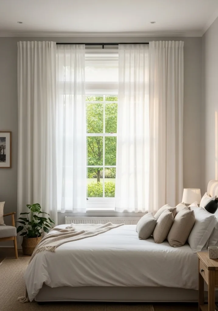 Layered white curtains adding softness to bedroom.