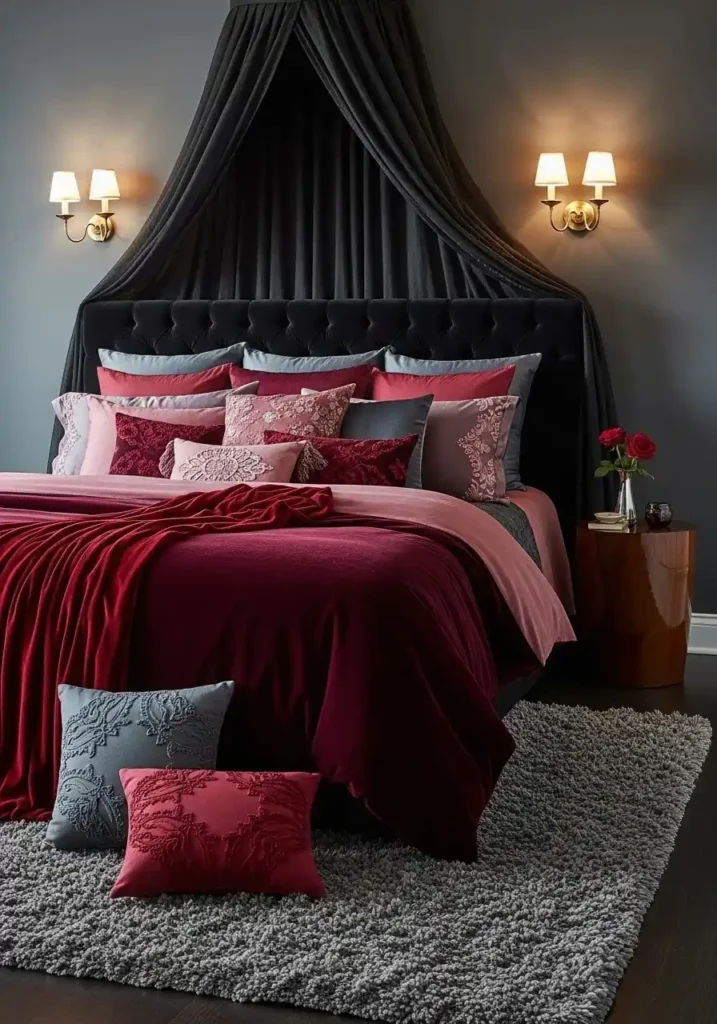 Burgundy velvet bedding in dark feminine bedroom