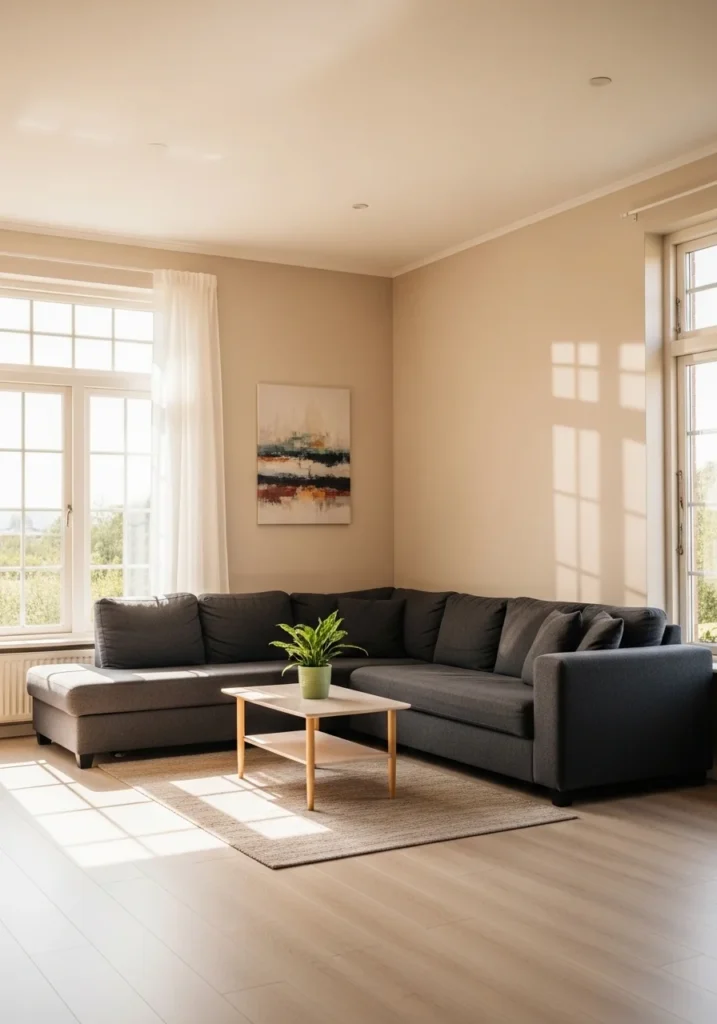 Charcoal couch living room with light neutral walls creating a bright and balanced space.