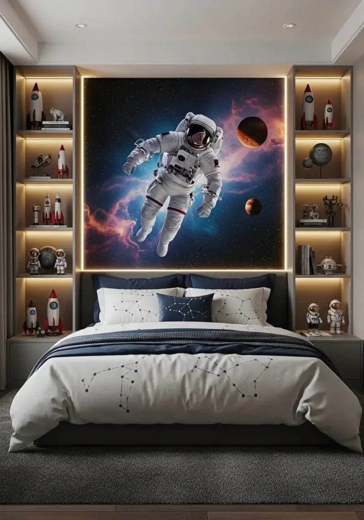 Bedroom with astronaut wall art and space decor elements.