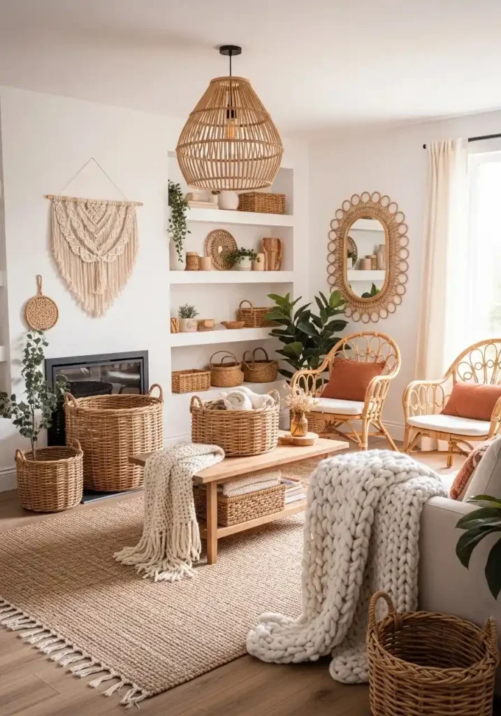 Vintage living room with woven decor adding natural texture and warmth.