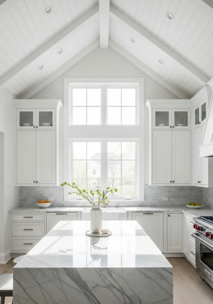 bright white vaulted ceiling kitchen design