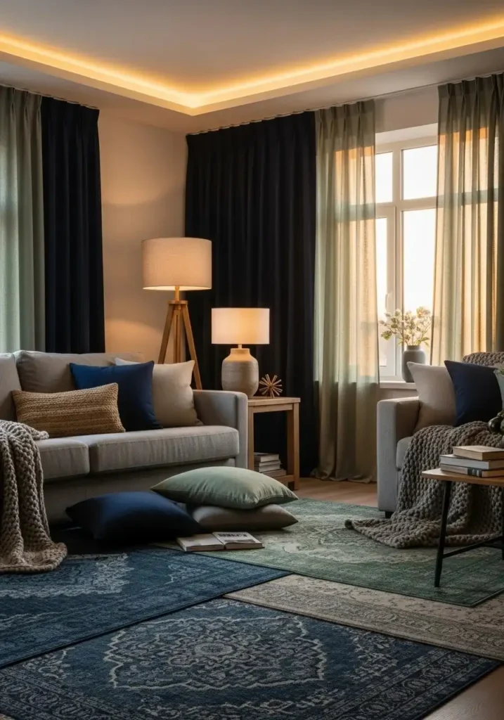Layered navy and sage textiles adding warmth and texture to a living room.