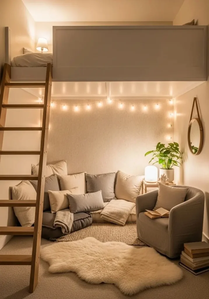 Loft bed featuring a personal nook underneath, ideal for reading, relaxing, or working in privacy.
