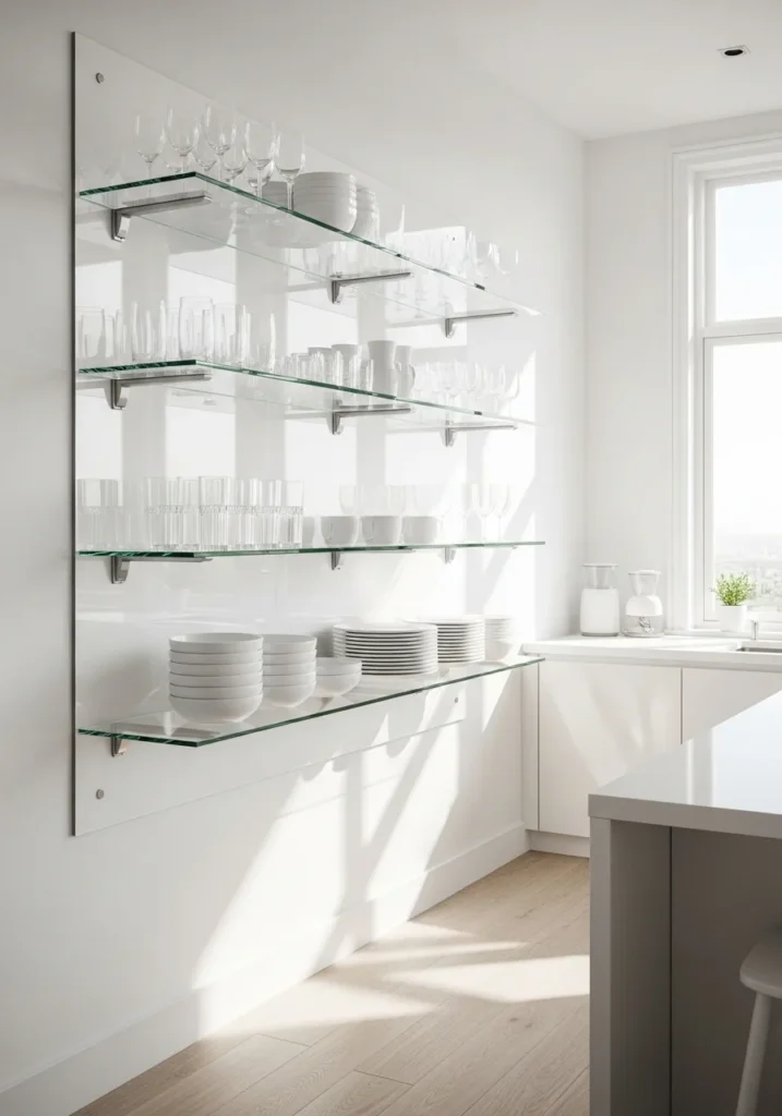 glass floating shelves modern kitchen design
