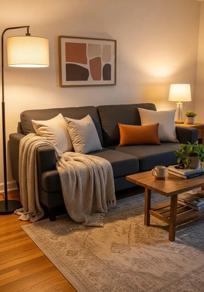 Charcoal couch with cozy throw blanket adding texture and warmth.