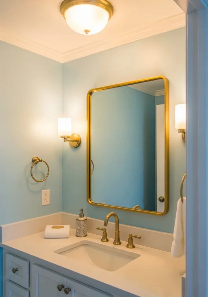 Light blue bathroom with gold fixtures and mirror.