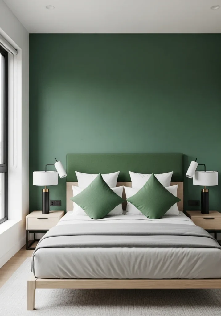 Green accent wall behind bed with coordinated cushions and neutral bedding as focal point of bedroom