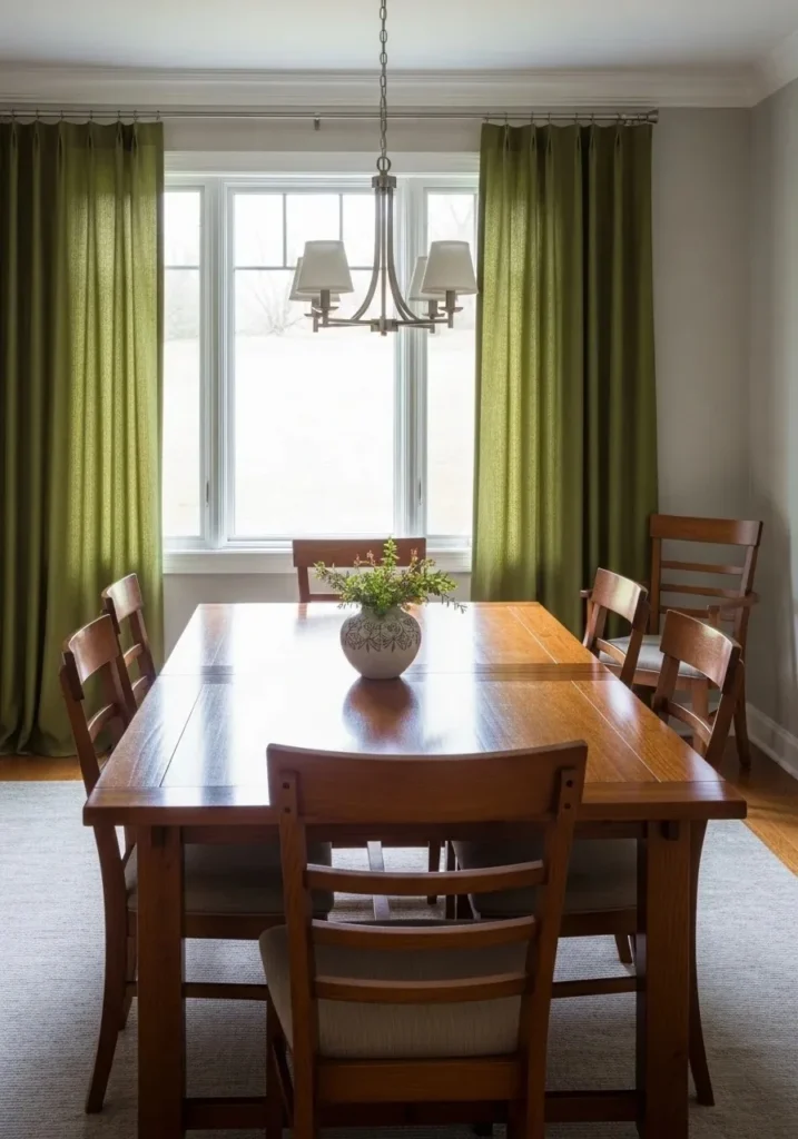 dining room styled with moss green curtains